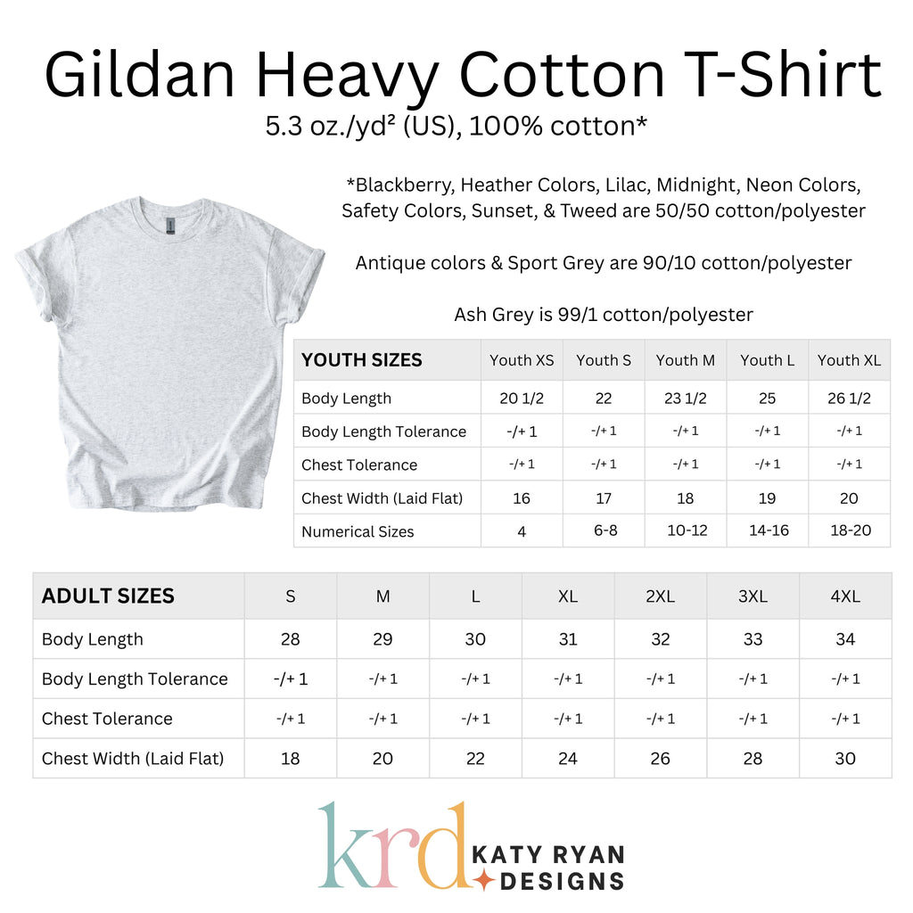 Gildan Heavy Cotton T Shirt Sizing Charts for Youth and Adult Sizes available. This style 100% Cotton for more colors. Blackberry, Heather Colors, Lilac, Midnight, Neons, Safety Colors, Sunset, and Tweed are 50/50 Cotton/Polyester. Antiuque Colors and Sport Grey are 90/10 Cototn/Polyester. Ash Grey is 99/1 Cotton/Polyester.