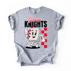 A heather gray short-sleeve t-shirt with a graphic print of the 'Greenon Knights' mascot, a cartoon block character, and a red-and-white checkered pattern.