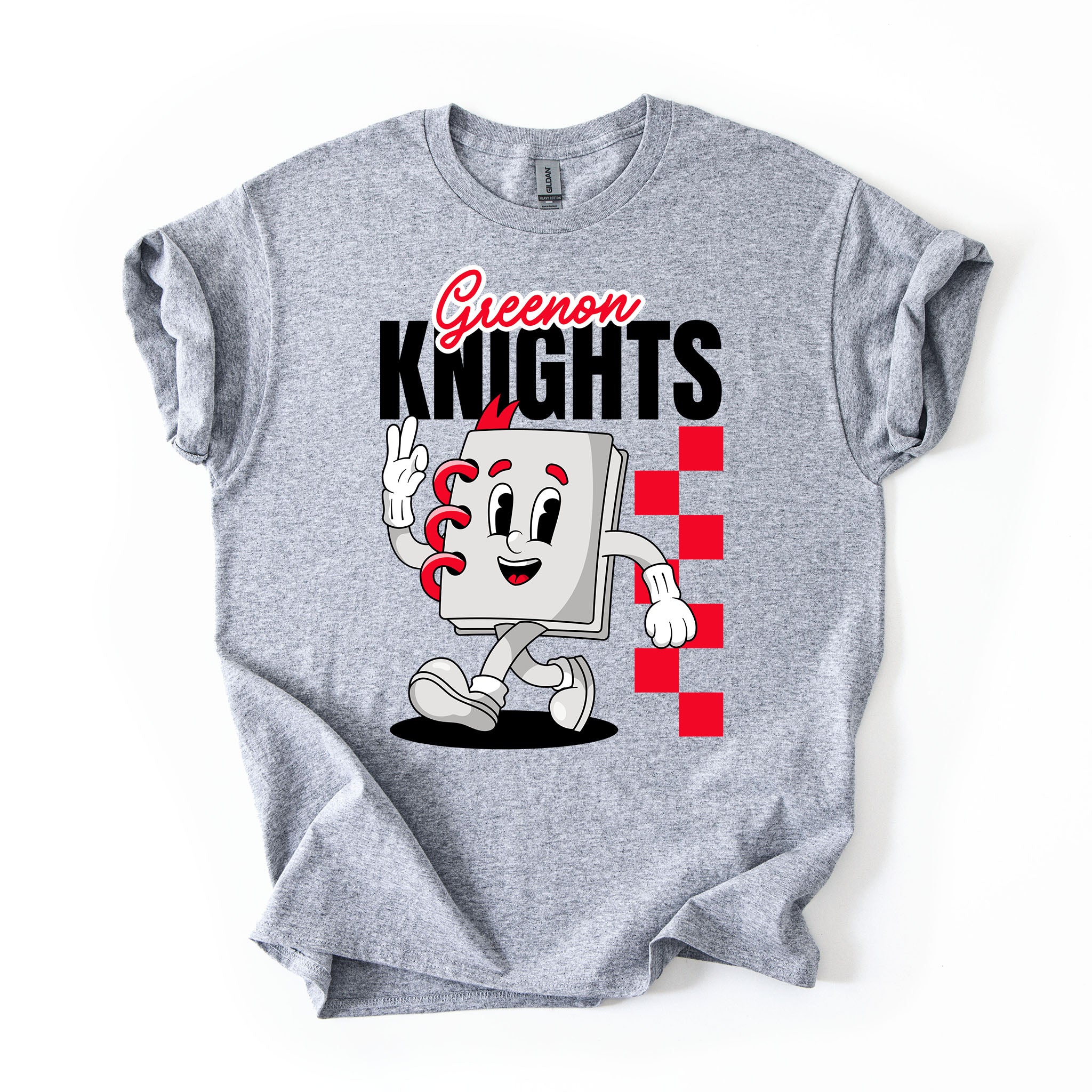 A heather gray short-sleeve t-shirt with a graphic print of the 'Greenon Knights' mascot, a cartoon block character, and a red-and-white checkered pattern.