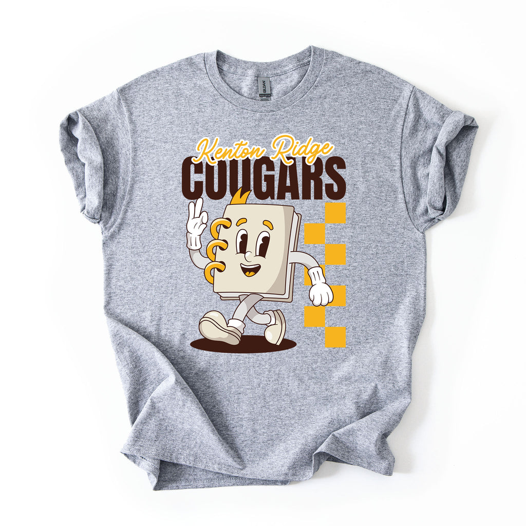 A heather gray short-sleeve t-shirt with a graphic print of a cartoon book character running and waving, with the text 'Kenton Ridge COUGARS' above it.
