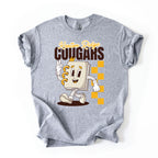 A heather gray short-sleeve t-shirt with a graphic print of a cartoon book character running and waving, with the text 'Kenton Ridge COUGARS' above it.