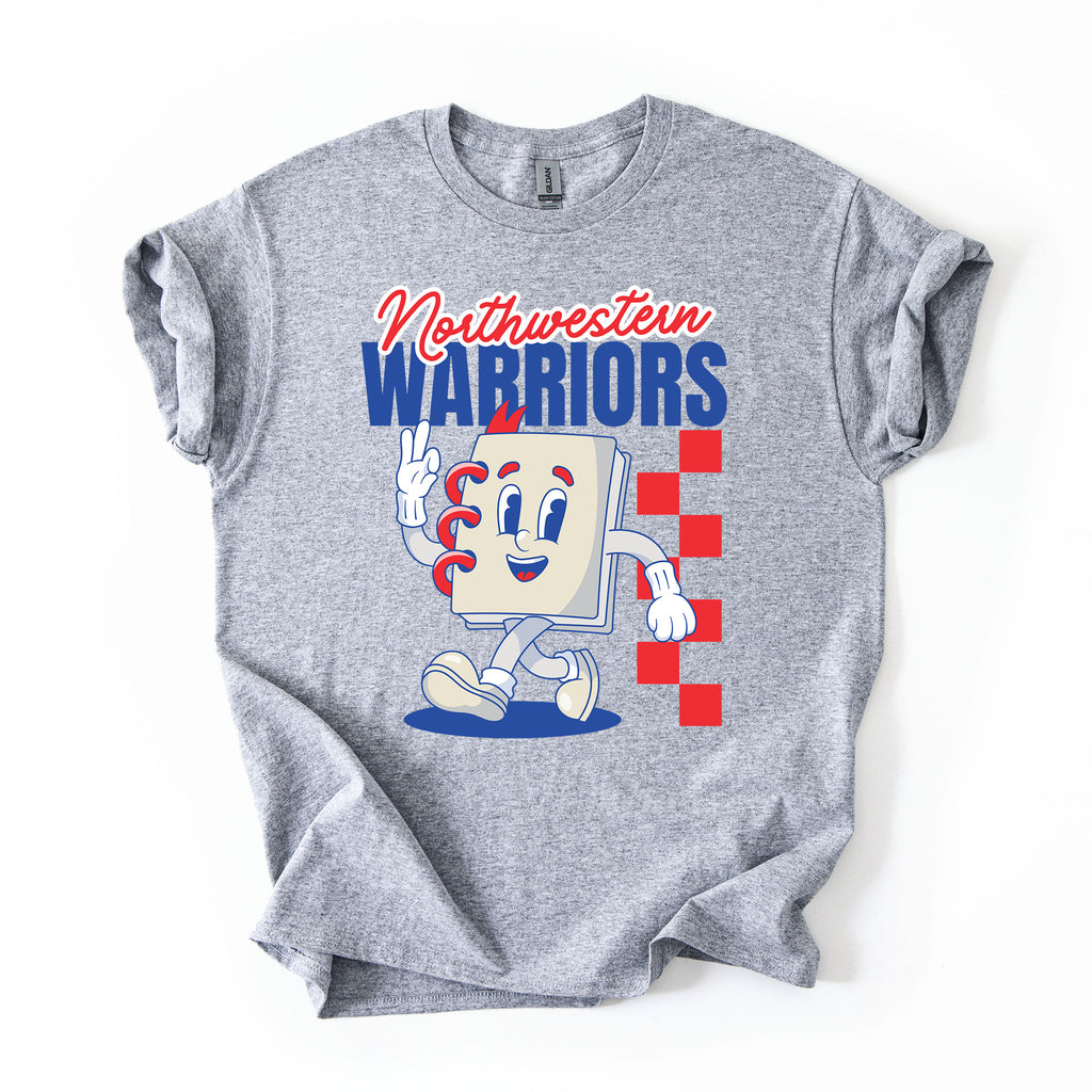 A heather gray short-sleeve t-shirt with a 'Northwestern Warriors' graphic on the front, featuring a cartoon mascot and red, white, and blue text, displayed flat against a white background.