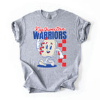 A heather gray short-sleeve t-shirt with a 'Northwestern Warriors' graphic on the front, featuring a cartoon mascot and red, white, and blue text, displayed flat against a white background.