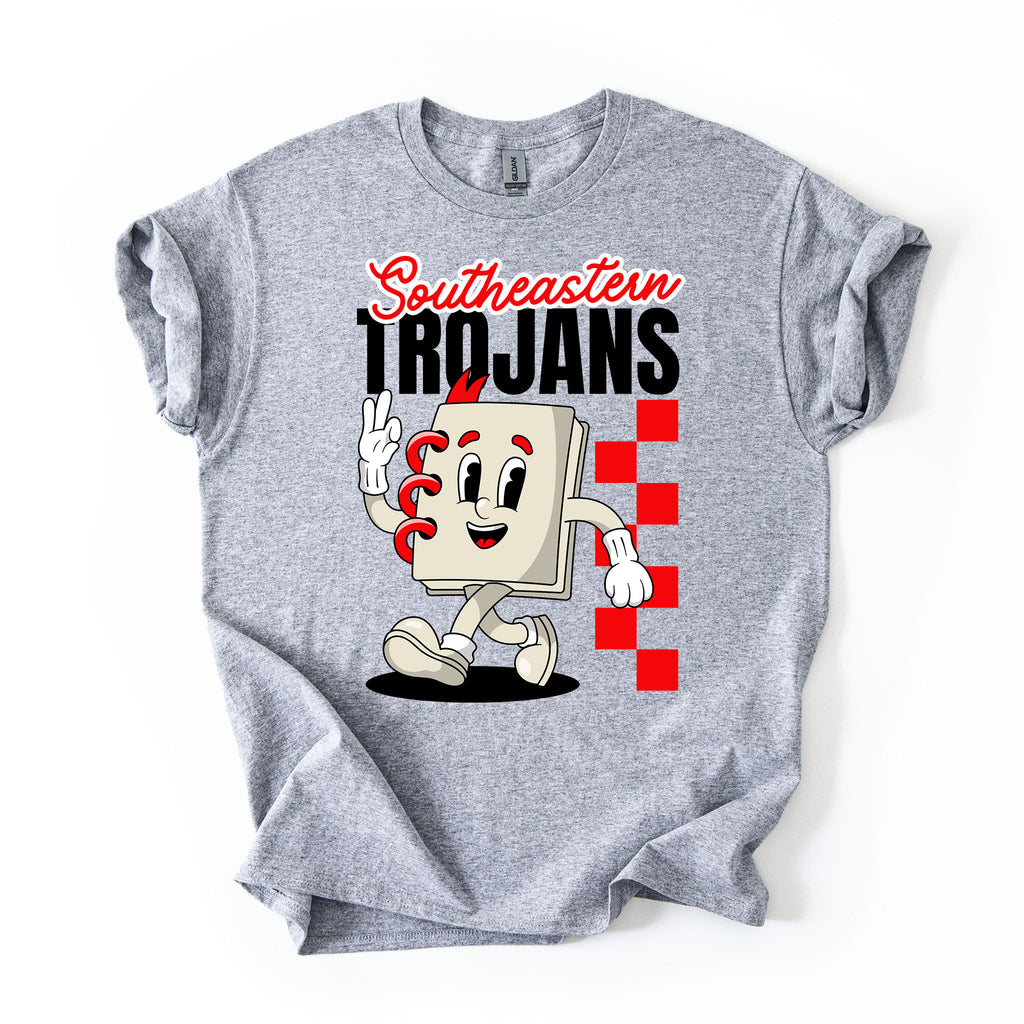A heather gray short-sleeve t-shirt with a graphic print featuring 'Southeastern Trojans' and a school notebook mascot, displayed flat against a white background.