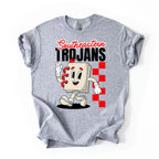 A heather gray short-sleeve t-shirt with a graphic print featuring 'Southeastern Trojans' and a school notebook mascot, displayed flat against a white background.