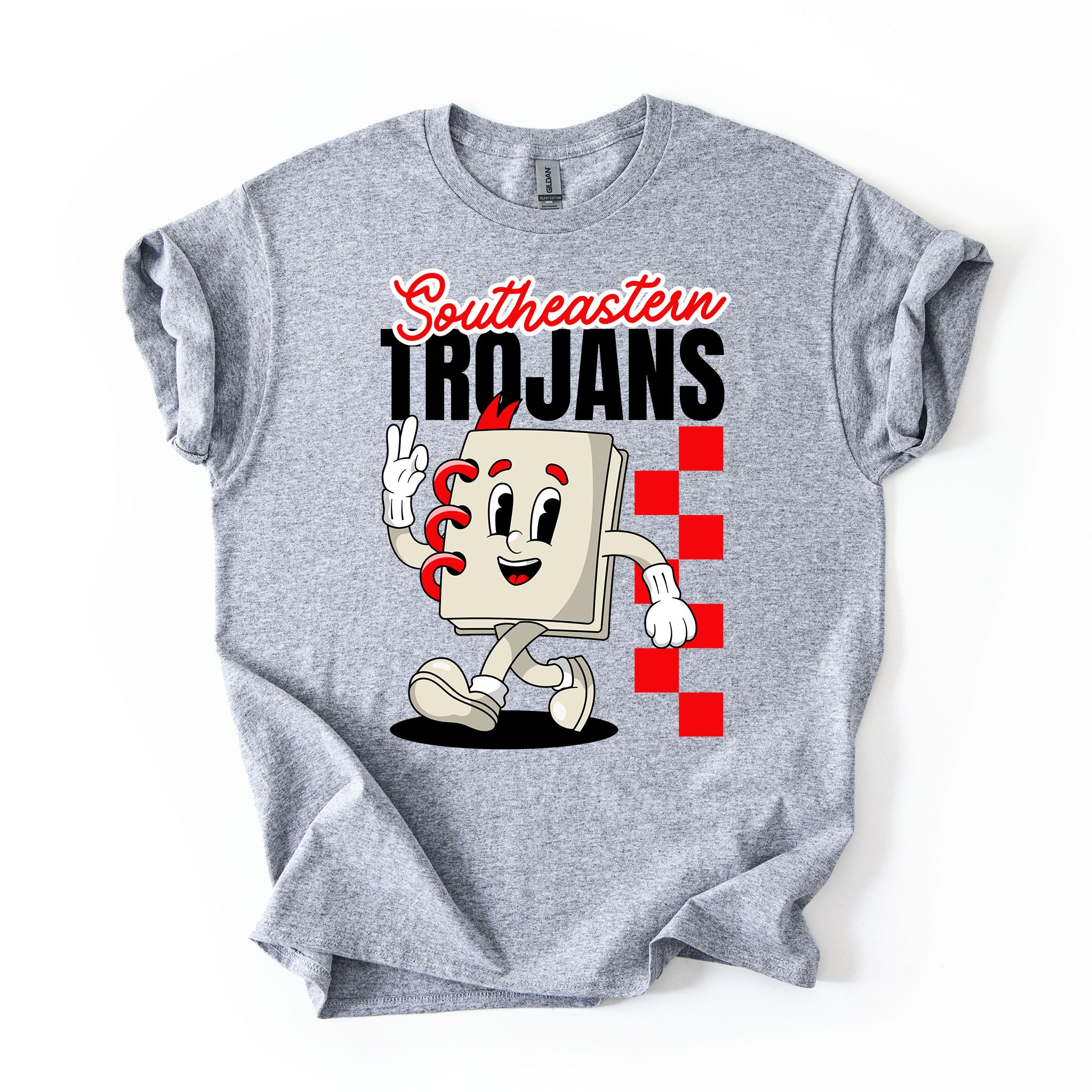 A heather gray short-sleeve t-shirt with a graphic print featuring 'Southeastern Trojans' and a school notebook mascot, displayed flat against a white background.