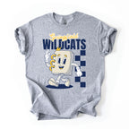 A heather gray short-sleeve t-shirt with a 'Springfield Wildcats' graphic on the front, featuring a cartoon notebook character and navy blue checkerboard details, laid flat on a white background.