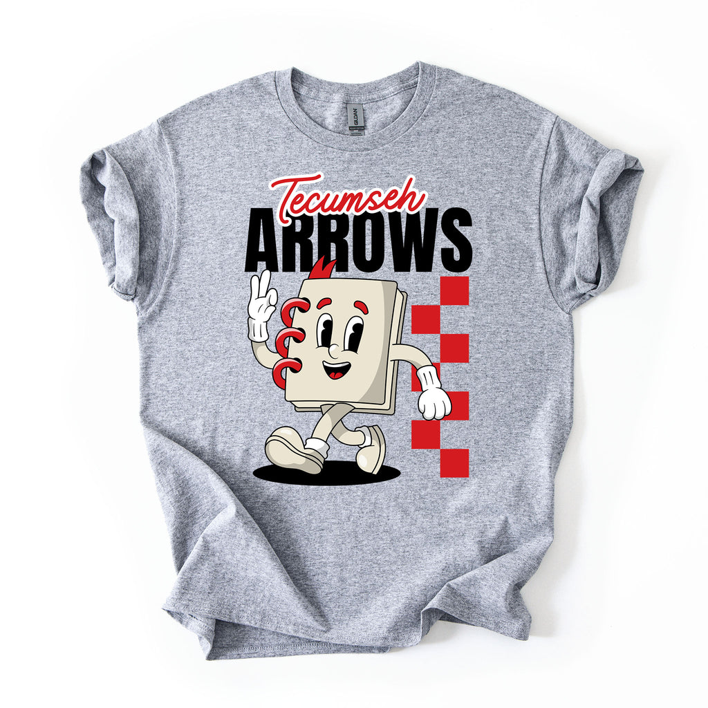 A heather gray short-sleeve t-shirt with a graphic print of a cartoon notebook character and the text 'Tecumseh ARROWS' on the front, displayed flat against a white background.