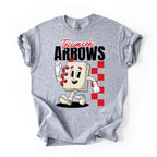A heather gray short-sleeve t-shirt with a graphic print of a cartoon notebook character and the text 'Tecumseh ARROWS' on the front, displayed flat against a white background.