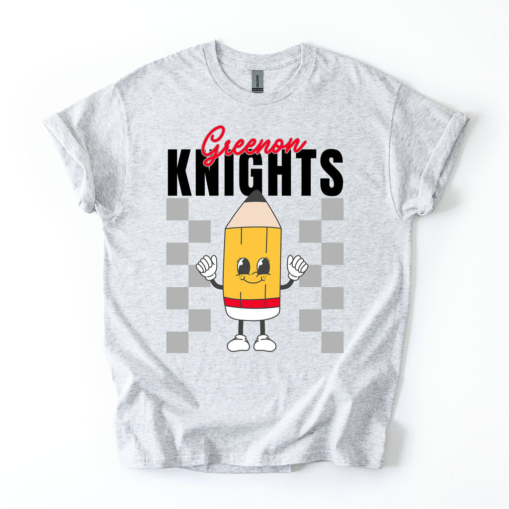 Gray t-shirt with a cartoon pencil design and 'Green Knights' text on a white background