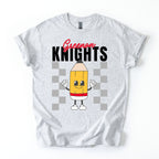 Gray t-shirt with a cartoon pencil design and 'Green Knights' text on a white background