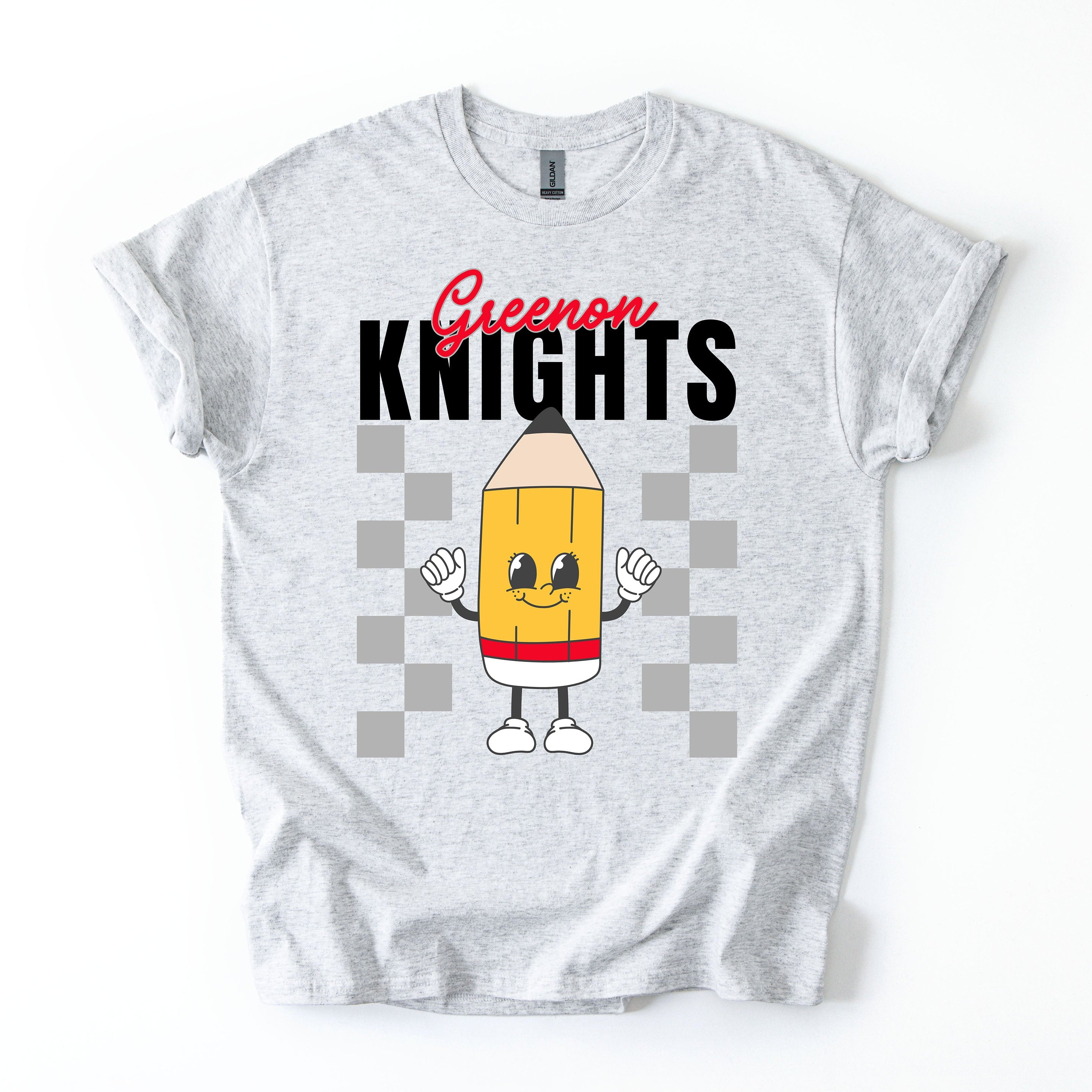 Gray t-shirt with a cartoon pencil design and 'Green Knights' text on a white background