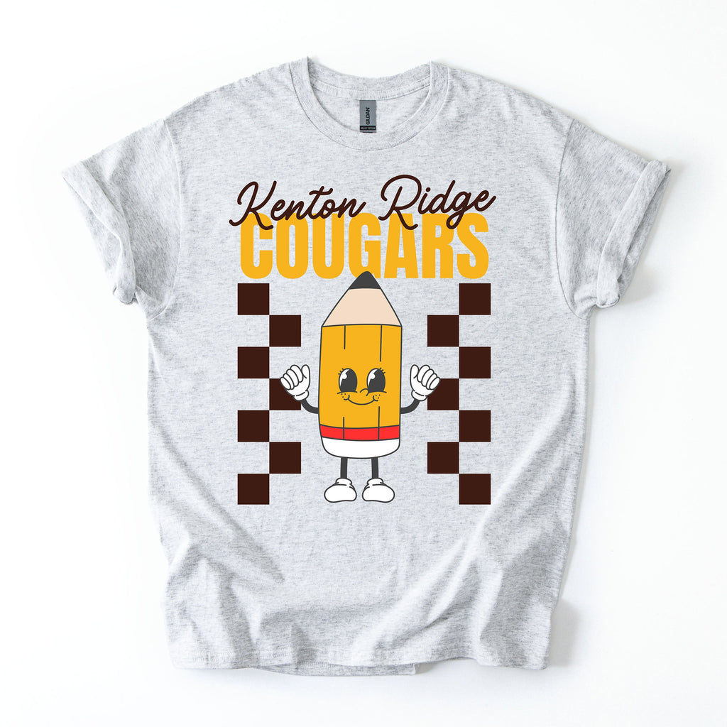Gray t-shirt with a cartoon pencil character and 'Kenton Ridge Cougars' text on a white background