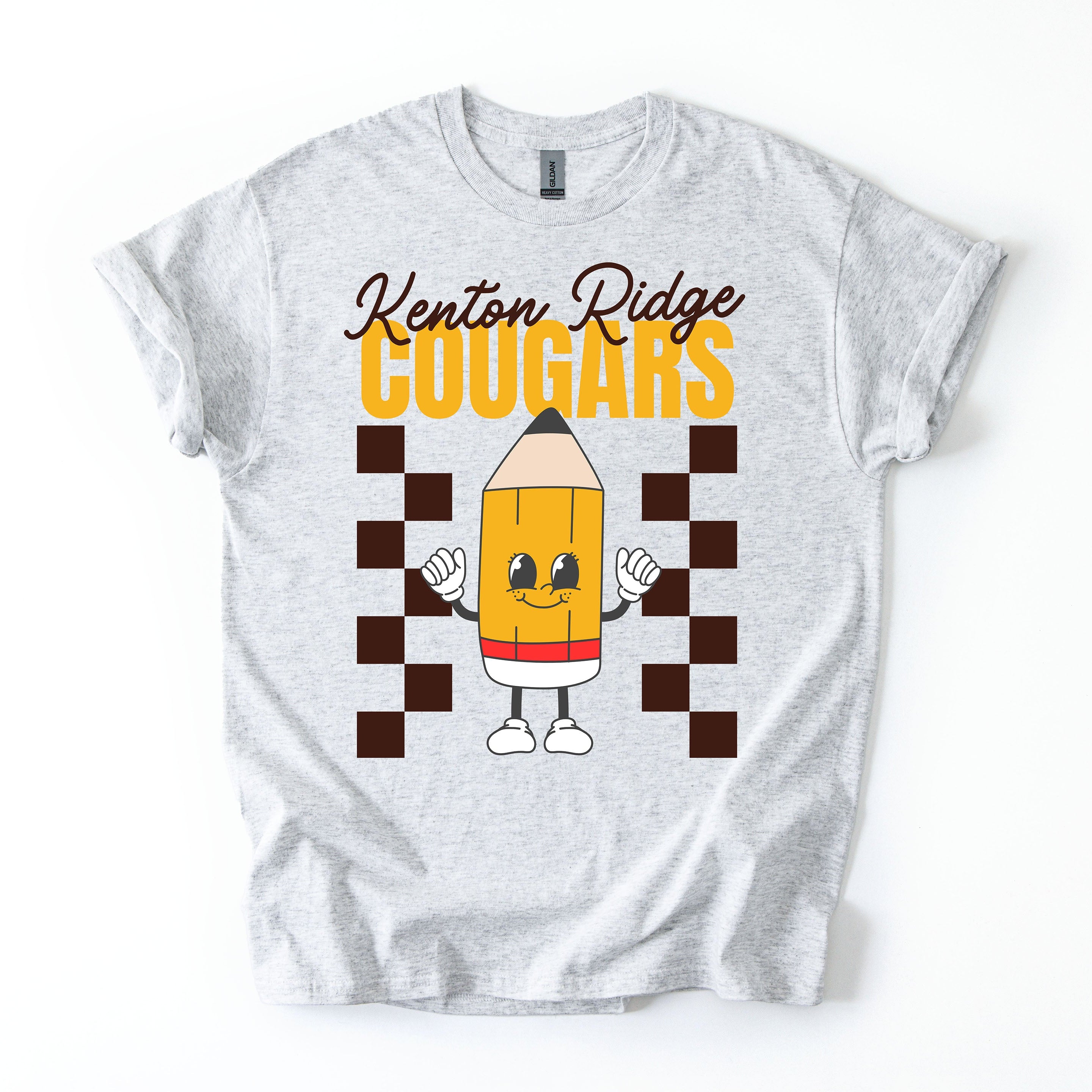 Gray t-shirt with a cartoon pencil character and 'Kenton Ridge Cougars' text on a white background