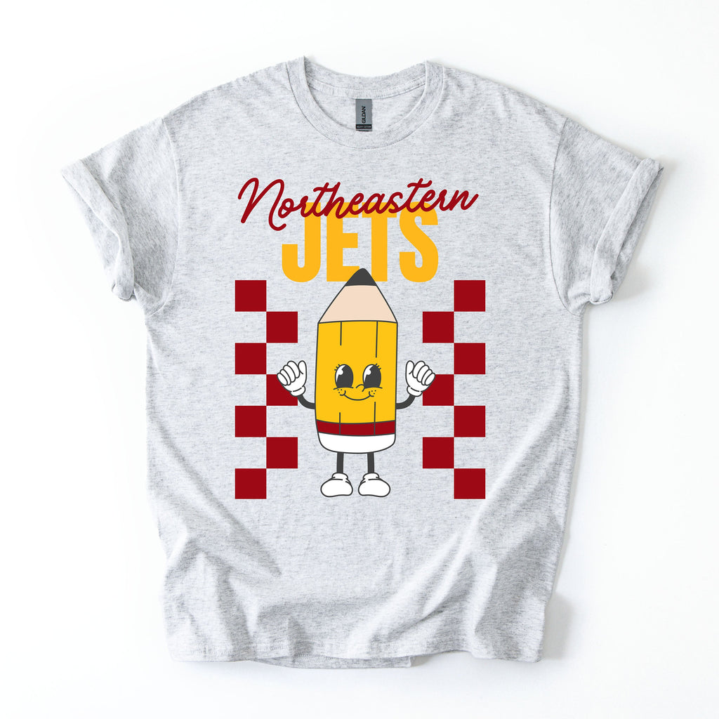 Gray t-shirt with a cartoon pencil design and 'Northeastern Jets' text on a white background