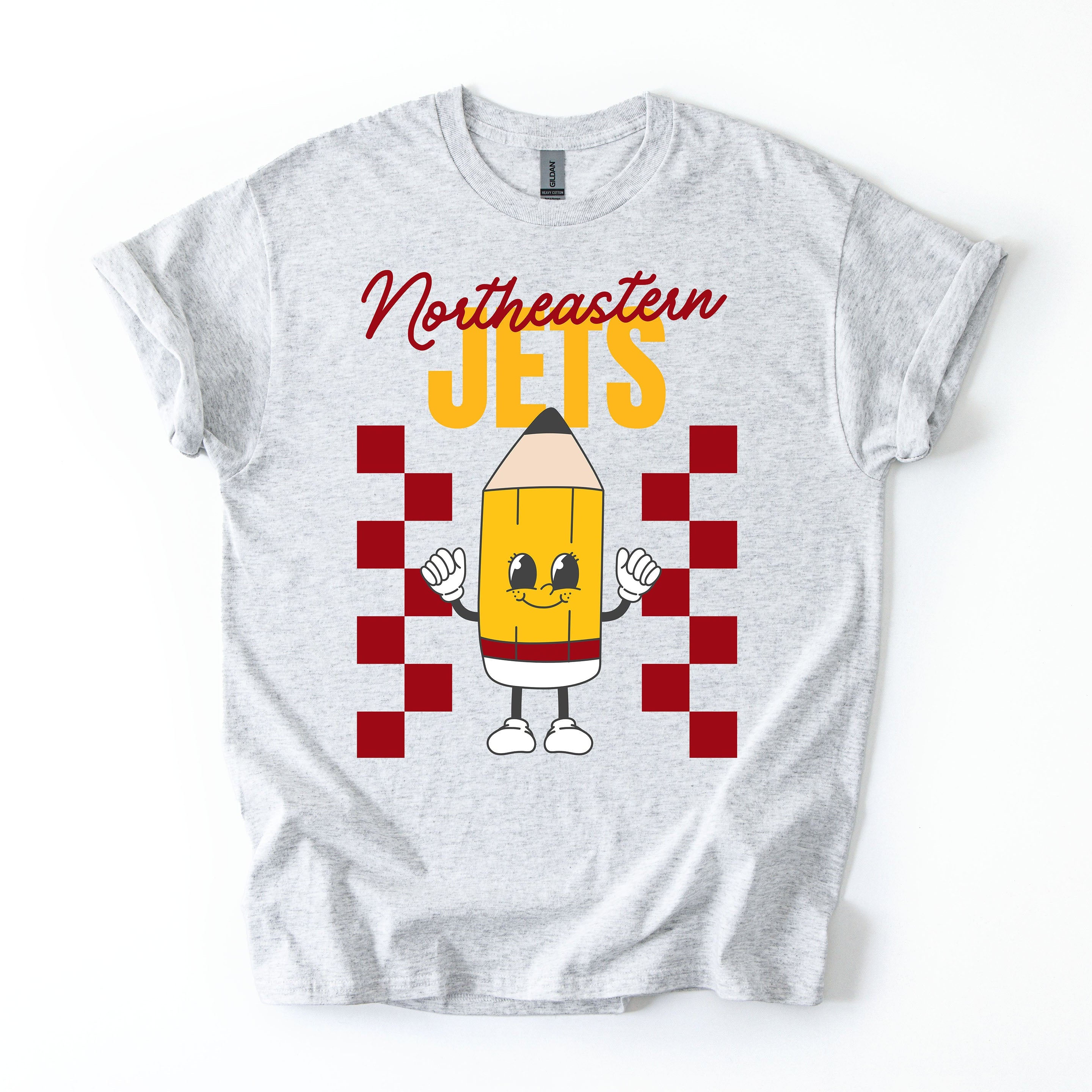 Gray t-shirt with a cartoon pencil design and 'Northeastern Jets' text on a white background