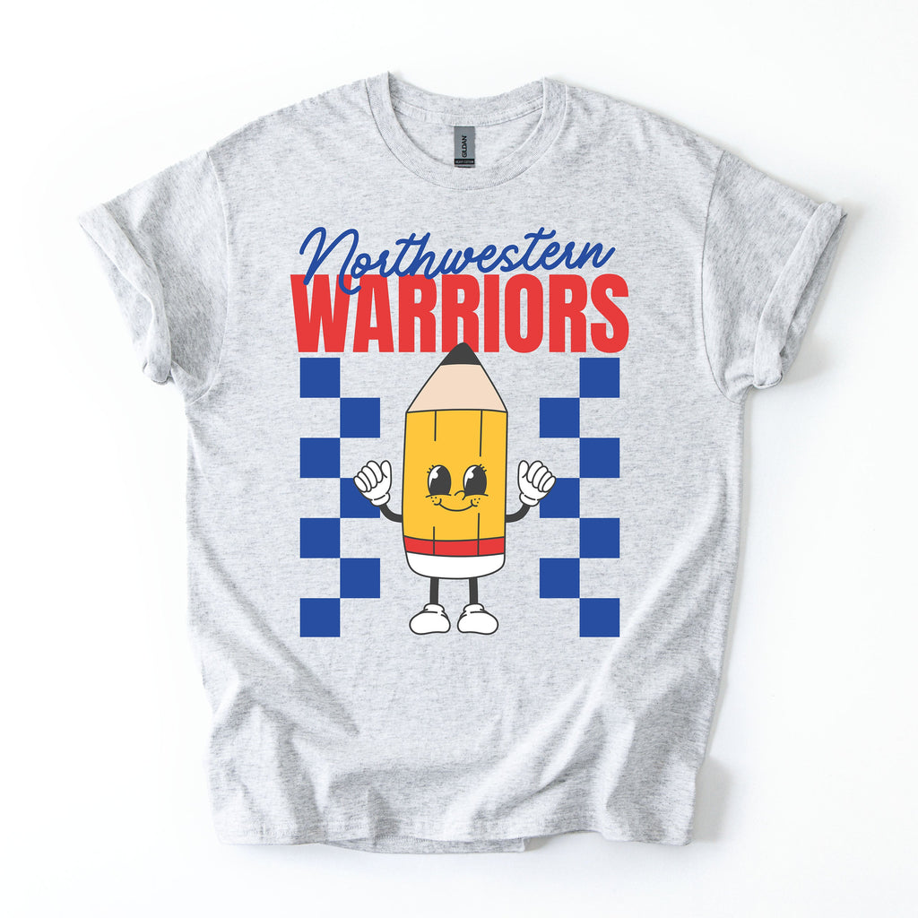 Gray t-shirt with a cartoon pencil character and 'Northwestern Warriors' text on a white background