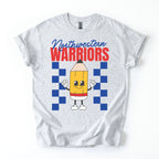Gray t-shirt with a cartoon pencil character and 'Northwestern Warriors' text on a white background