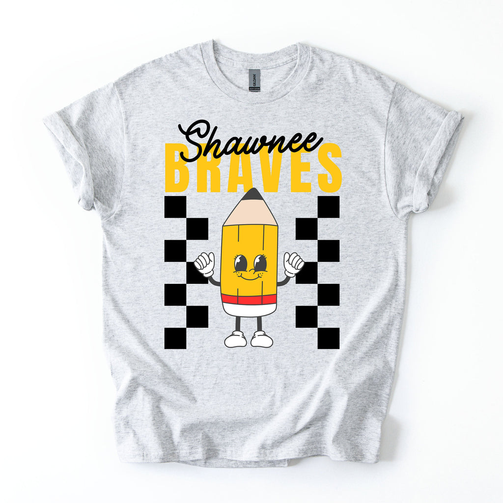 Gray t-shirt with a pencil graphic and 'Shawnee Braves' text on a white background