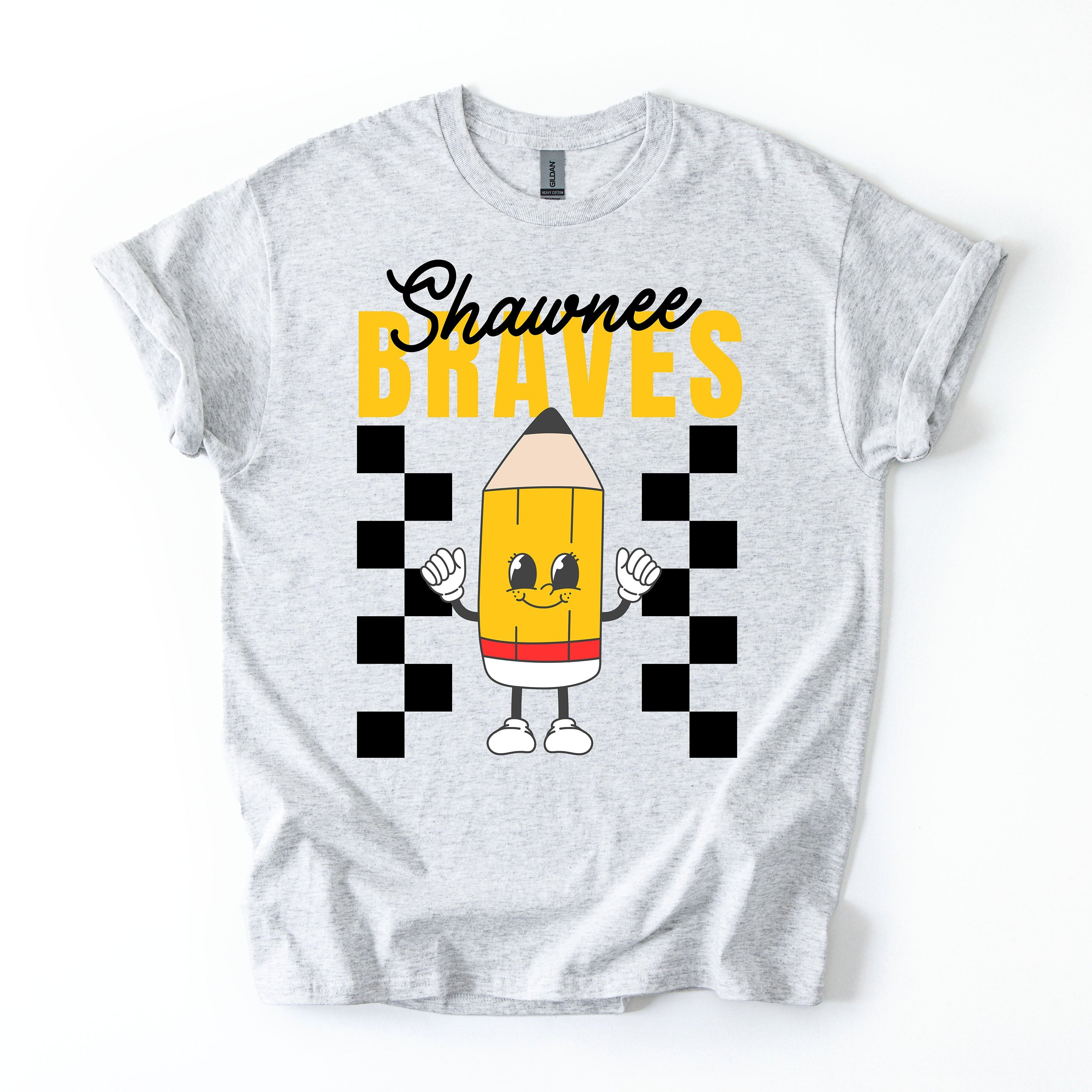 Gray t-shirt with a pencil graphic and 'Shawnee Braves' text on a white background