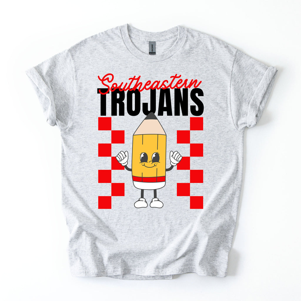 Gray t-shirt with a cartoon pencil design and 'Southeastern Trojans' text on a white background