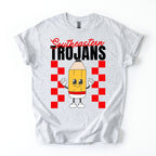 Gray t-shirt with a cartoon pencil design and 'Southeastern Trojans' text on a white background