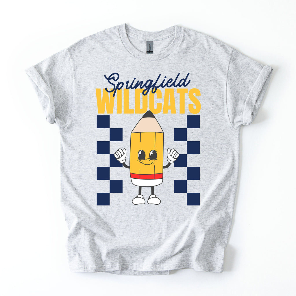 Gray t-shirt with a cartoon pencil design and 'Springfield Wildcats' text on a white background