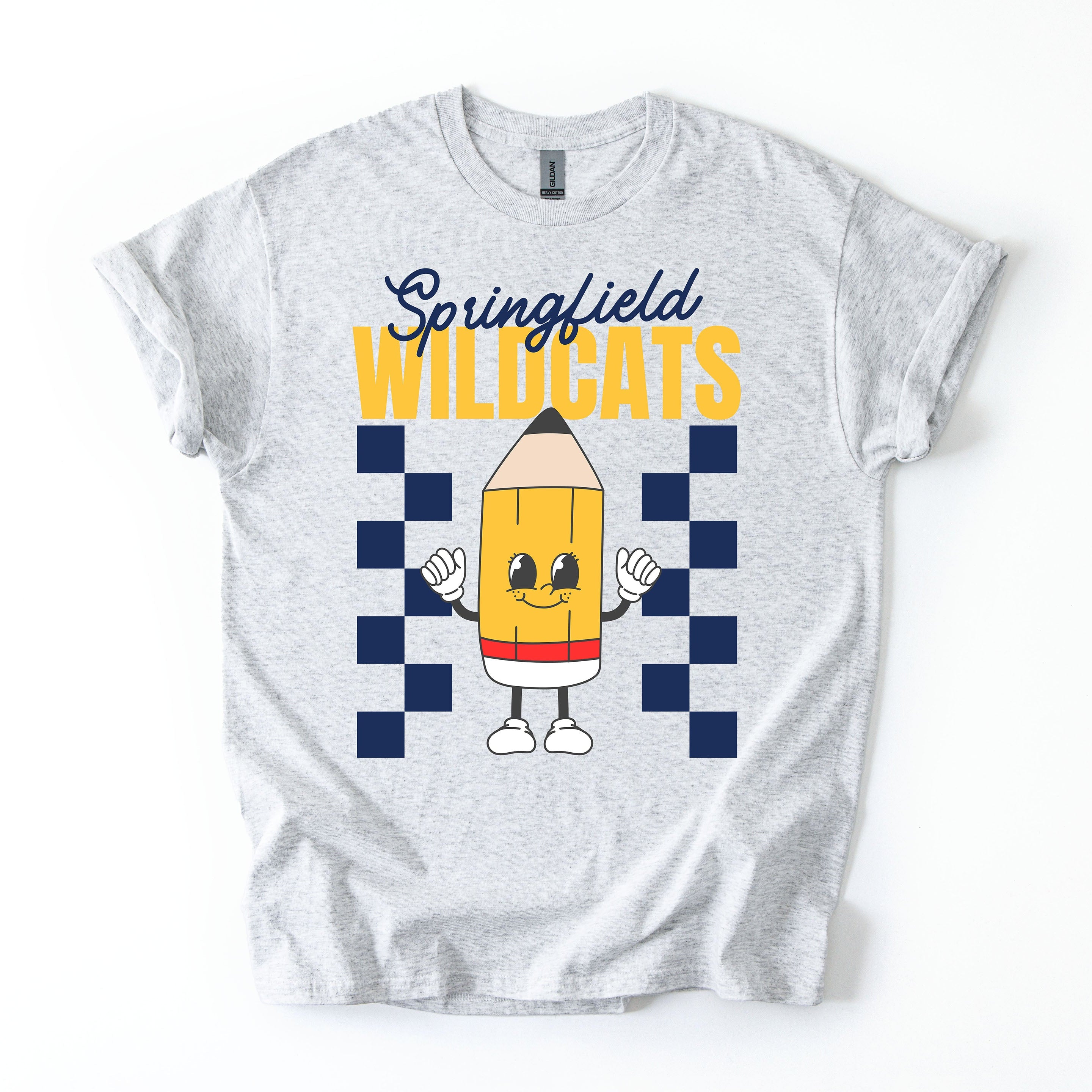 Gray t-shirt with a cartoon pencil design and 'Springfield Wildcats' text on a white background