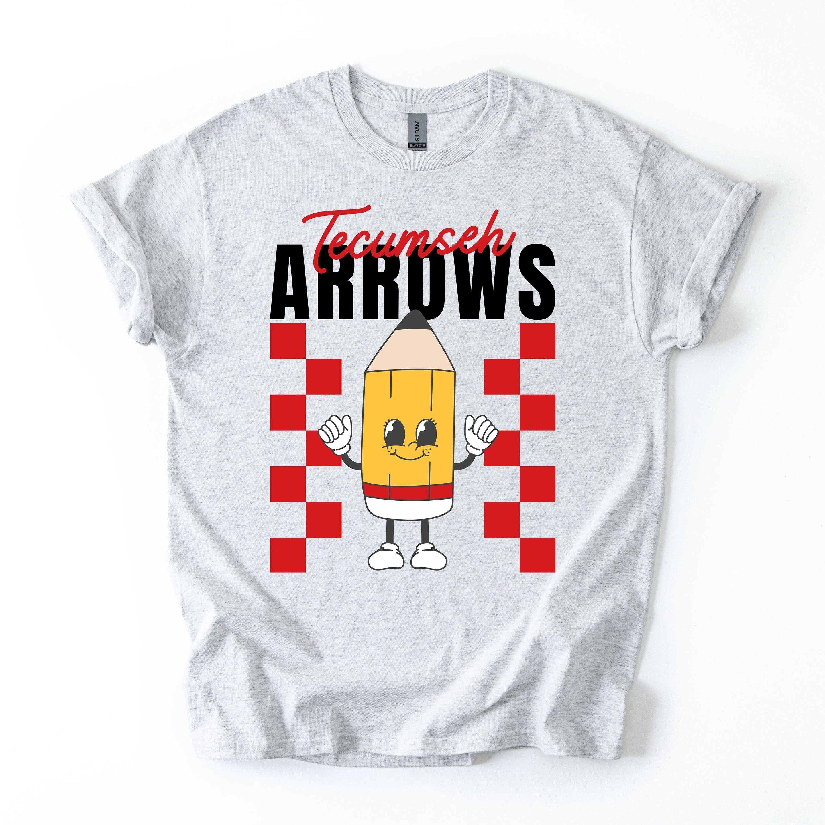 Gray t-shirt with a pencil character and 'Tecumseh Arrows' text on a white background. 
